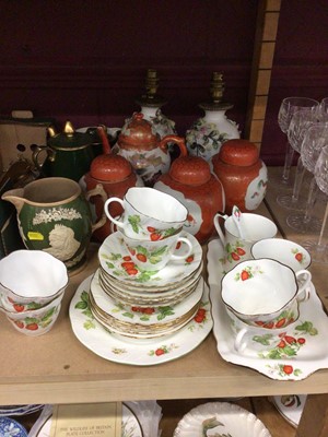 Lot 702 - A Queen Victoria Diamond Jubilee commemorative jug, with a pair of lamp bases, Japanese Kutani porcelain, a strawberry pattern tea set, etc