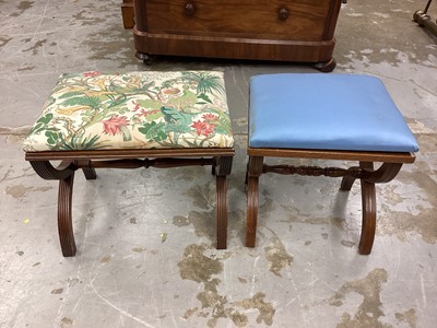 Lot 1187 - Two mahogany x frame stools with padded seats