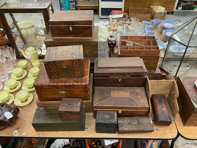 Lot 408 - Collection of 19th century and later tea daddies, work boxes and other boxes, most requiring some restoration