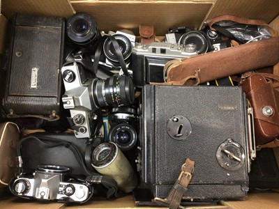 Lot 54 - Cameras, lenses (including Zeiss Tessar 4.5-15cm, Pentax ME, Mihama 6x6 etc)