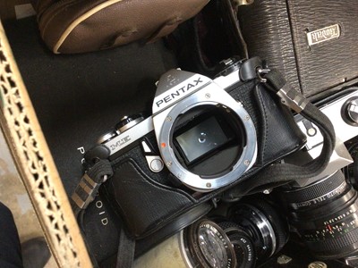 Lot 54 - Cameras, lenses (including Zeiss Tessar 4.5-15cm, Pentax ME, Mihama 6x6 etc)