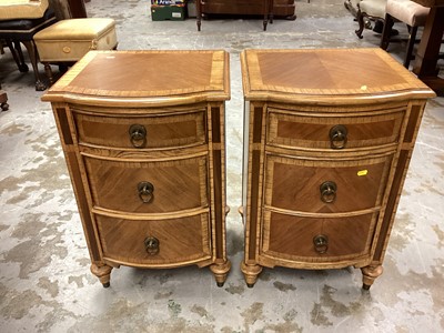 Lot 1195 - Pair of good quality three drawer bedside chests with crossbanded decoration on turned legs, bearing label Frank Hudson, 45cm wide, 40cm deep, 69cm high