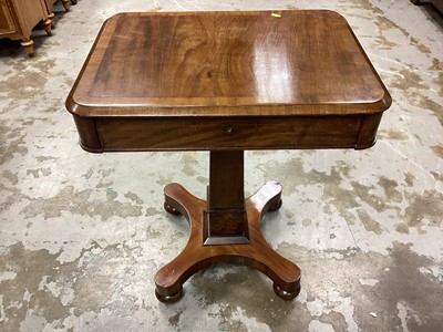 Lot 1196 - 19th century mahogany side table with crossbanded top and single drawer below on square column and quatrefoil base, 61cm wide, 46cm deep, 71.5cm high