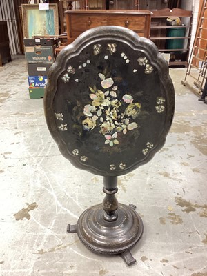 Lot 1199 - Victorian lacquered tilt top table with mother of pearl inlaid decoration on turned column and circular base, 64cm x 54cm x 69cm high