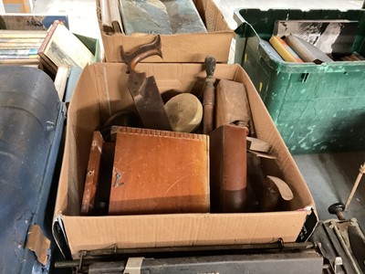 Lot 449 - Collection of mixed items to include blue painted tin plate trunk, leather case, wall mirror, prints, typewriters, plane and sundries.