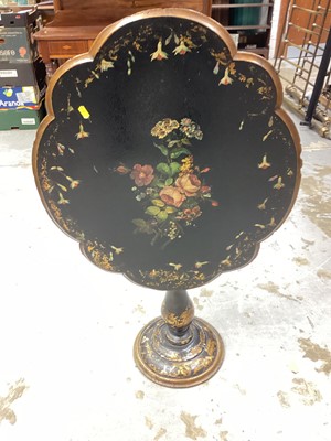 Lot 1200 - Victorian lacquered tilt top table with floral decoration on turned column and circular base, 72cm x 59cm x 64cm high