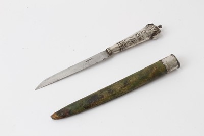 Lot 237 - 18th century Dutch silver mounted steel travelling knife, the handle decorated with figures and mounted with a Dog, in silver mounted shagreen sheath.