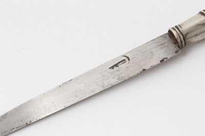 Lot 237 - 18th century Dutch silver mounted steel travelling knife, the handle decorated with figures and mounted with a Dog, in silver mounted shagreen sheath.