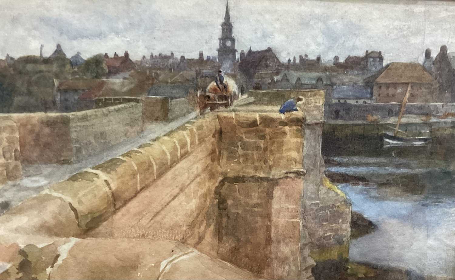 Lot 220 - Victorian watercolour, bridge scene, apparently unsigned, 12 x 22cm, glazed frame