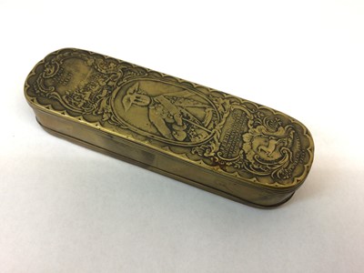 Lot 95 - 18th century Prussian brass tobacco box, with embossed decoration depicting Carl Wilhelm Ferdinand, Duke of Brunswick and Luneburg, the reverse with King Frederick The Great's battle honours.
