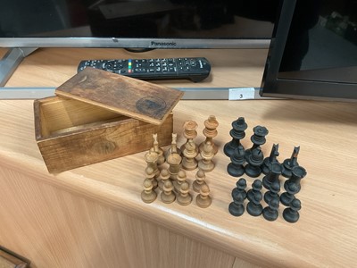 Lot 471 - Old wooden chess set in pine case, bearing Second World War Nazi German stamps.