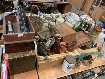 Lot 458 - Collection of sundry items to include wooden cutlery tray, book ends, barometer, fishing rod, wicker basket etc.