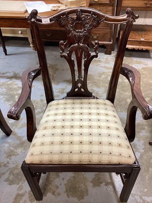 Lot 1213 - Set of eight Georgian style dining chairs with pierced splat backs and padded drop in seats on carved cabriole front legs with claw and ball feet, comprising two carvers and six standards, together...