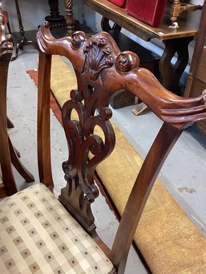 Lot 1213 - Set of eight Georgian style dining chairs with pierced splat backs and padded drop in seats on carved cabriole front legs with claw and ball feet, comprising two carvers and six standards, together...