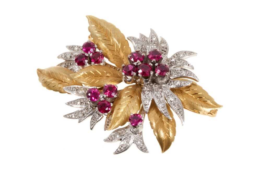 Lot 410 - 18ct gold ruby and diamond floral spray brooch