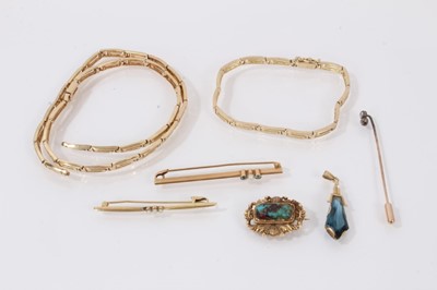 Lot 519 - 14ct gold bracelet and necklace with Greek Key design, three gold brooches, diamond stick pin and an Art Deco pendant