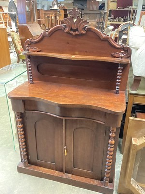 Lot 1218 - Victorian mahogany serpentine fronted chiffonier with raised ledge back, frieze drawer and two panelled doors below, 90cm wide, 40cm deep, 143cm high