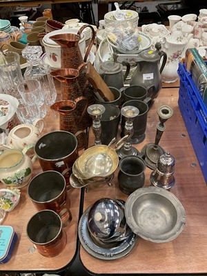 Lot 496 - Three graduated copper jugs, pewter tankards, flagons and other metal ware.