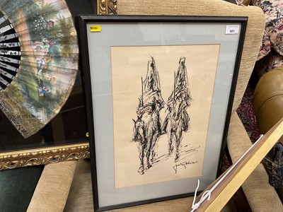 Lot 501 - Felix Fabian (1913 - 1979) ink study of soldiers on horseback, possibly Coldstream guards.