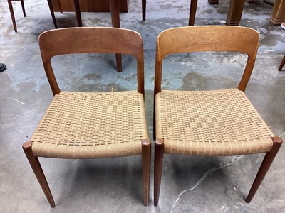 Lot 1221 - Set of six mid 20th century Danish Niels Moller dining chairs with woven seats, together with a circular extending dining table with one extra leaf