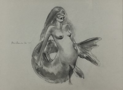 Lot 152 - Howard Barnes (1937-2017) pencil, Mermaid, signed and dated, 35 x 47cm, glazed frame