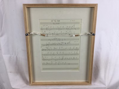 Lot 136 - A framed music score, hand-written, probably from Ronnie Scott's in 1965, with parts for Jimmy Rowles and Duke Ellington, the reverse with a cartoon by an unknown artist