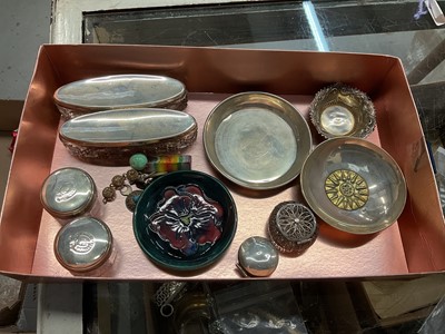 Lot 853 - Two pairs of silver topped vanity jars, two silver pin dishes, Moorcroft pottery pin dish and other silver and white metal items.