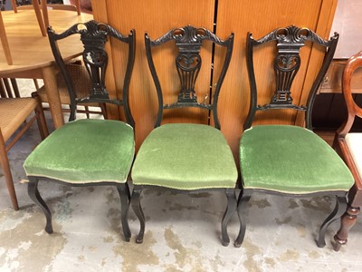 Lot 1226 - Set of three late Victorian dining chairs with pierced splat backs, green upholstered seats on cabriole front legs