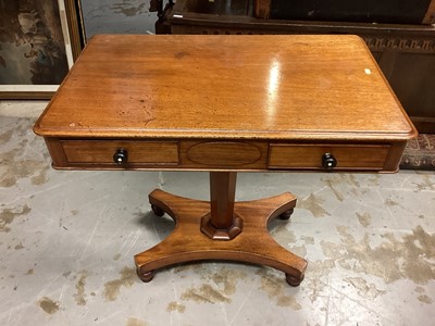 Lot 1229 - Victorian mahogany two drawer table on faceted column and quatrefoil base, 84cm wide, 52cm deep, 73cm high