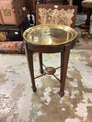 Lot 1230 - Mahogany table with brass top, on square taper legs and spade feet, 36cm diameter, 49cm high