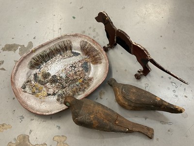 Lot 518 - Two decoy pigeons, a toy wooden dachshund and studio pottery dish