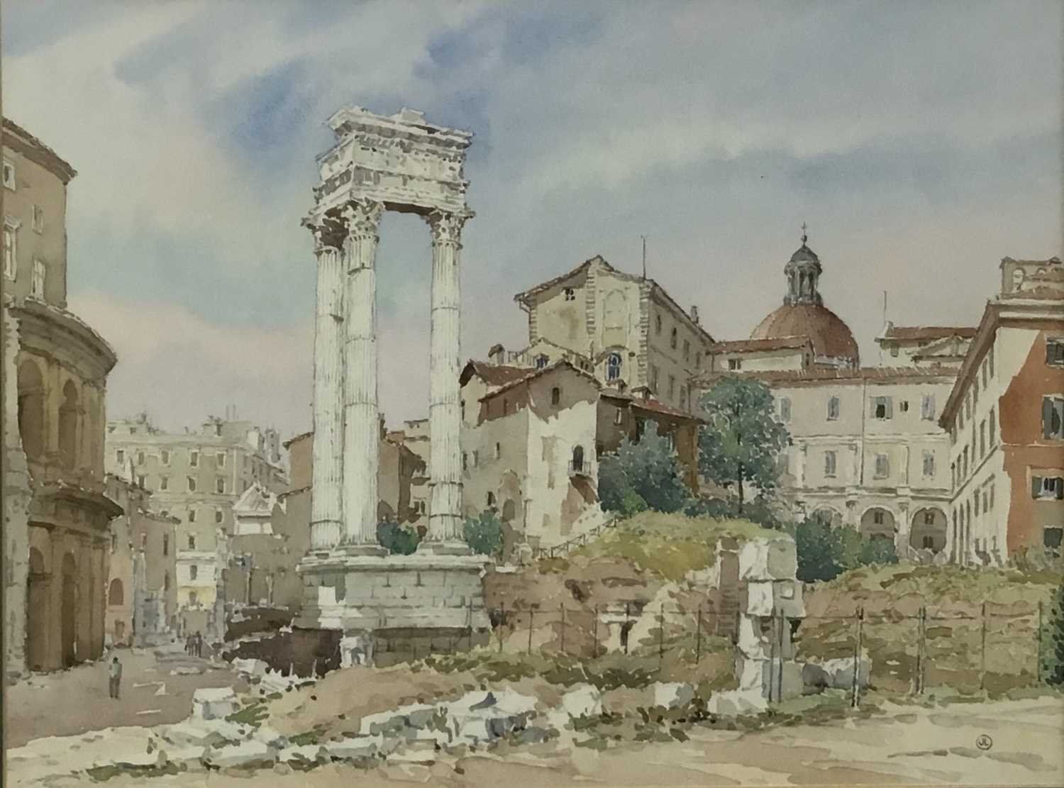 Lot 204 - John Lynch, 20th century, watercolour - Corinthian columns by the theatre of Marcellus, monogrammed, 36cm x 47cm, framed and glazed