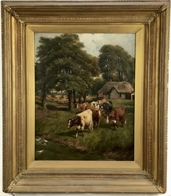 Lot 203 - J.G. Cooper, 19th century oil on canvas, cattle approaching a stream, in gilt frame
