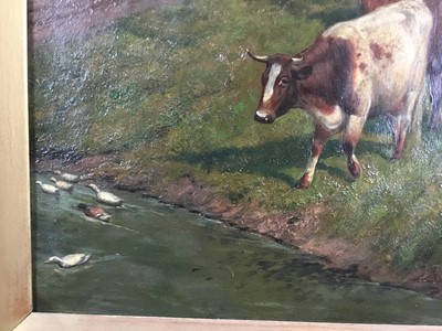 Lot 203 - J.G. Cooper, 19th century oil on canvas, cattle approaching a stream, in gilt frame