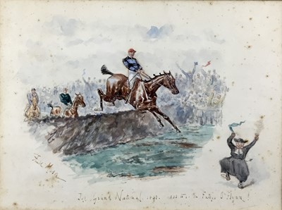 Lot 194 - Finch Mason watercolour The Grand National 20th March 1892 at Aintree Winner Father O'Flynn at 100-1 with jockey Captain Roddy Owen, signed