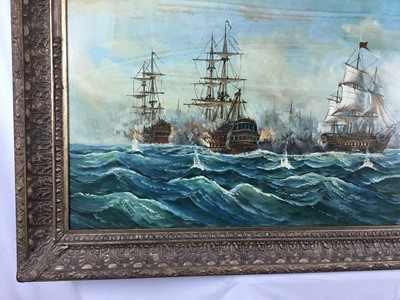 Lot 196 - J. Harvey  mid 20th Century large oil on canvas  - Naval Battle, signed, 59.5cm x 120cm, framed