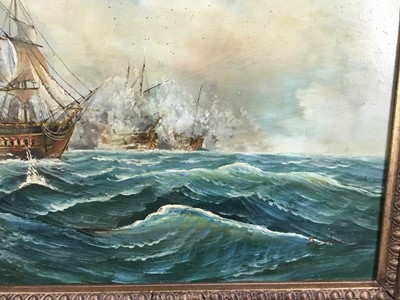 Lot 196 - J. Harvey  mid 20th Century large oil on canvas  - Naval Battle, signed, 59.5cm x 120cm, framed