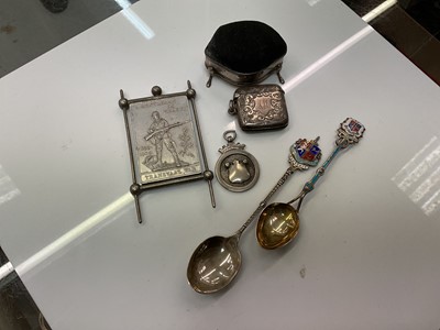 Lot 890 - Silver Vesta case, silver pin cushion, two silver spoons and other items