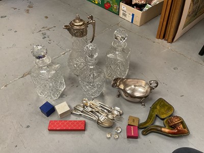 Lot 602 - Claret jug with silver plated mount, three cut glass decanters, silver plated flatware and sundry items.