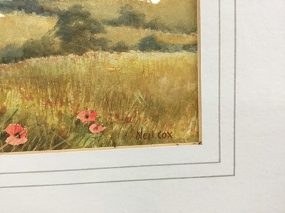 Lot 216 - Neil Cox, contemporary, watercolour - Hare in a Poppy Field, signed, 18cm x 25cm, in glazed gilt frame