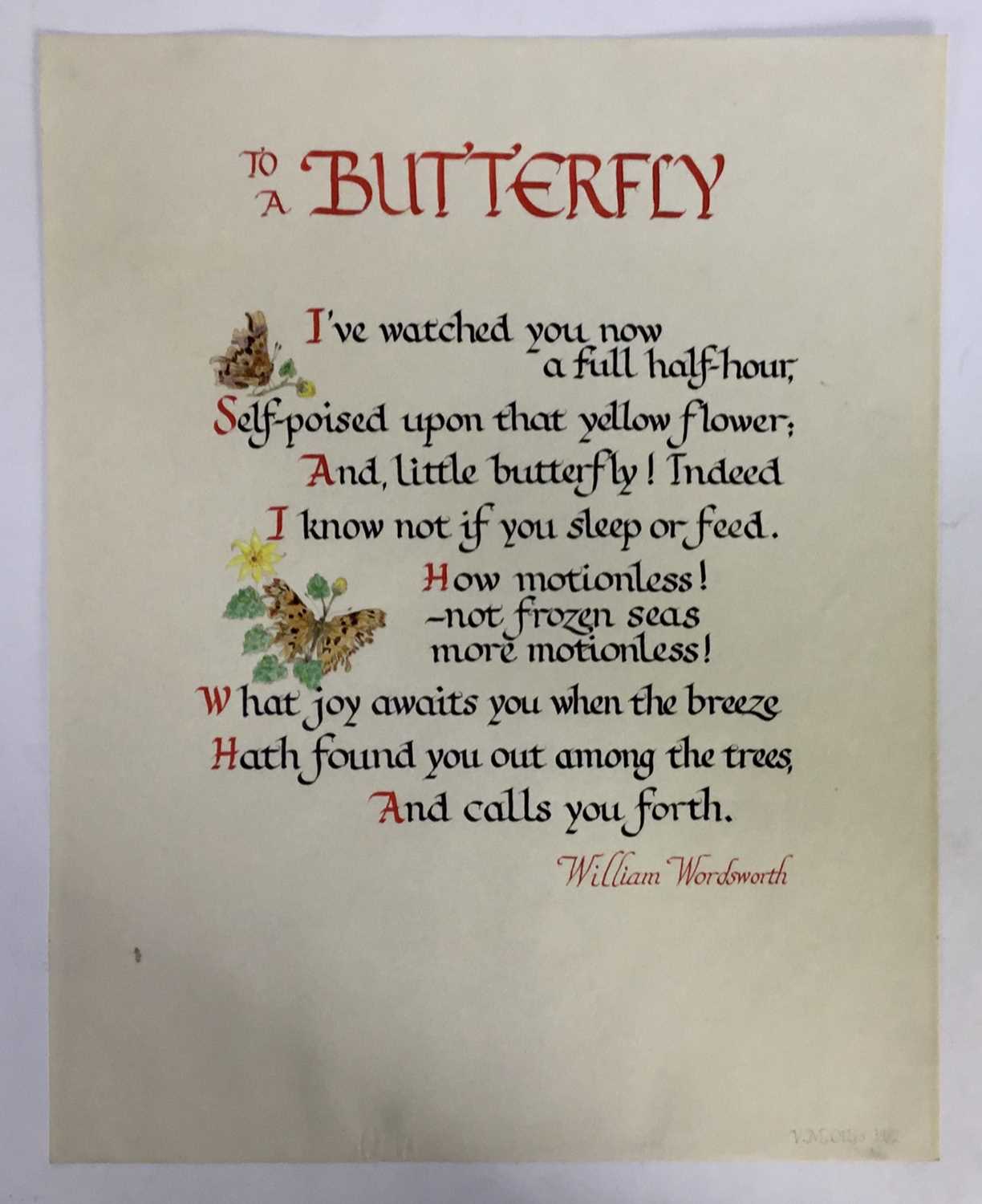Lot 236 - English School, contemporary, mixed media on vellum, calligraphy - To a Butterfly, 38 x 29cm