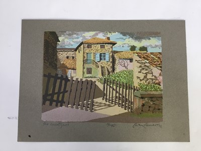 Lot 242 - Ewan Cameron (contemporary) silkscreen print - The Bridge, signed and numbered 17/40, image 25 x 37cm, together with two others by the same hand and an aquatint by Sarah Browne. (4)