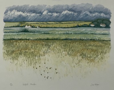 Lot 244 - Jane Wagner (contemporary) silkscreen, Norfolk Marshes, signed and numbered 35/55, 32 x 45cm, together with another by the same hand, both in glazed frames