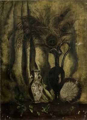 Lot 251 - Early 20th century oil on canvas - still life with peacock feathers, 56cm x 40cm, together with another landscape oil on canvas, 51cm x 41cm, both unframed