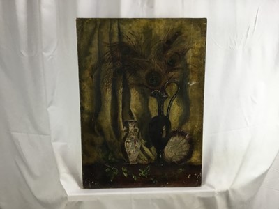 Lot 251 - Early 20th century oil on canvas - still life with peacock feathers, 56cm x 40cm, together with another landscape oil on canvas, 51cm x 41cm, both unframed