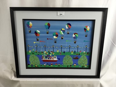 Lot 167 - Gordon Barker (b.1960) acrylic on paper - The Balloon Race, signed, 29cm x 39cm, in glazed frame