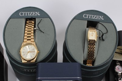 Lot 899 - Two gold plated Citizen quartz wristwatches in cases, RAF 90th Anniversary Chronograph in case, vintage 9ct gold cased Excalibur watch