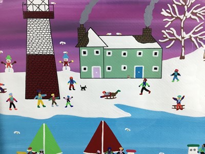 Lot 169 - Gordon Barker (b.1960) acrylic on paper - Snow Day, signed, 29cm x 39cm, in glazed frame