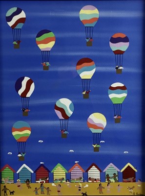 Lot 267 - Gordon Barker (b.1960) acrylic on paper - Beach Balloons, signed, 29cm x 39cm, in glazed frame