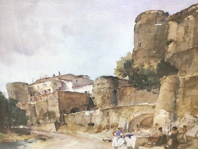 Lot 269 - William Russell Flint (1880-1969) limited edition colour print - figures beneath castle walls, 382/850, with blindstamp, 53cm x 69cm, in glazed frame
